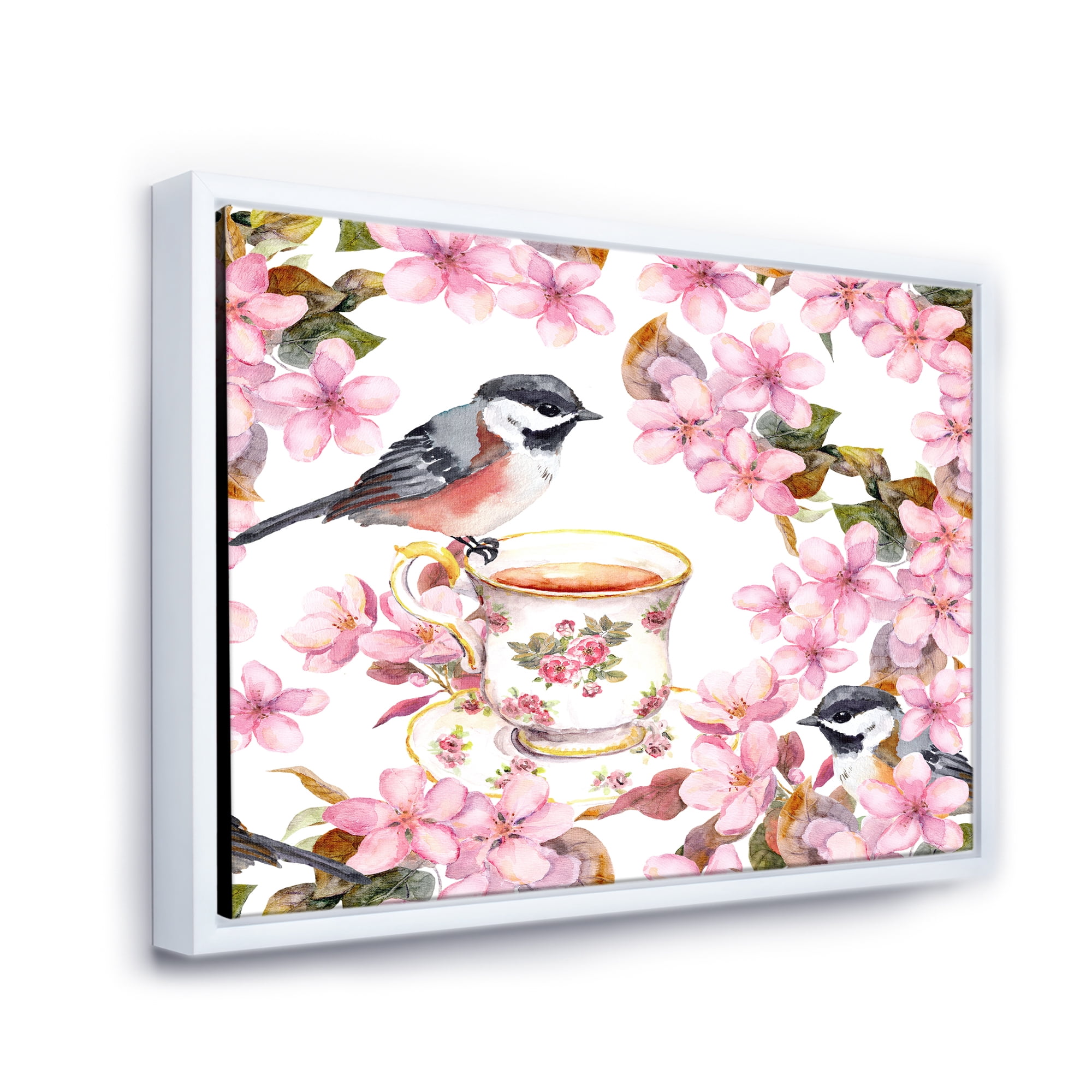 Tea Cup Birds and Pink Flowers 20 in x 12 in Framed Painting Canvas Art Print, by Designart