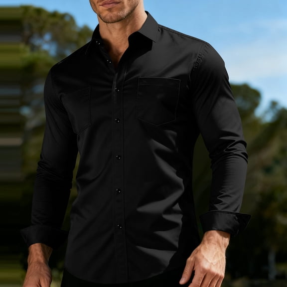 SDNall Men‘s Business Casual Long Sleeve Shirt, Button-Down Collar with Two Chest Pockets, Regular Fit Polyester Shirt for Work & Office