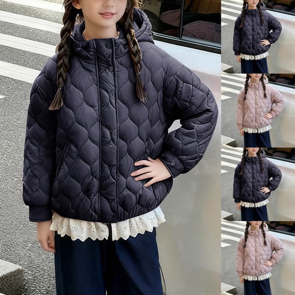 Vibrex Casual Lace Cotton Suit Hooded Coat Mid-Sized And Large Children's Girls 'Thick Button Cotton Clothes Bubble Sleeve Long Sleeve Hooded Cotton Suit For Travel, Holidays_Navy_5-6 Years