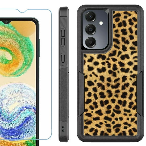 Heavy Duty Dual Layer Hybrid Phone Case for Samsung Galaxy S24 FE 5G with Tempered Glass Screen Protector, by OneToughShield - Cheetah Gold/Black