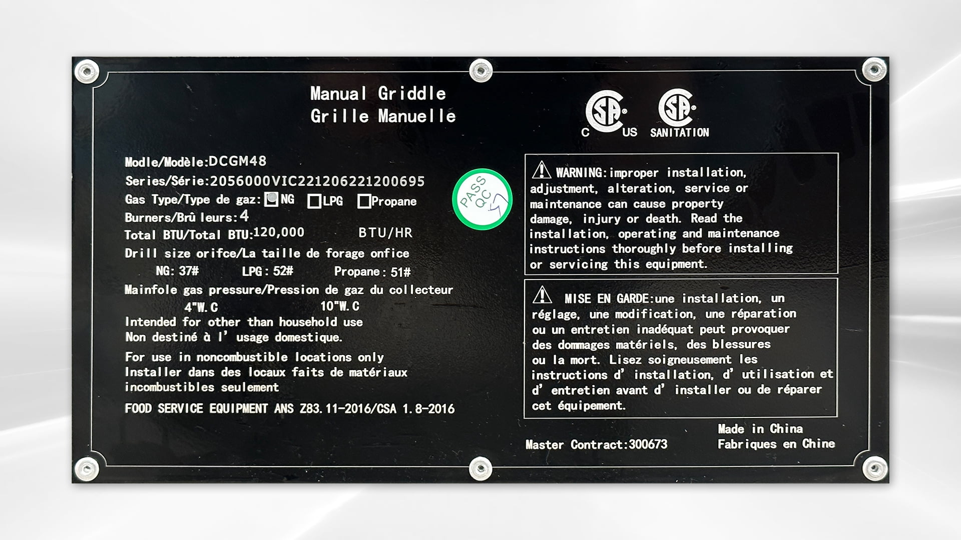 48 in. Commercial Four Burner Gas/Propane Manual Griddle 120000BTU