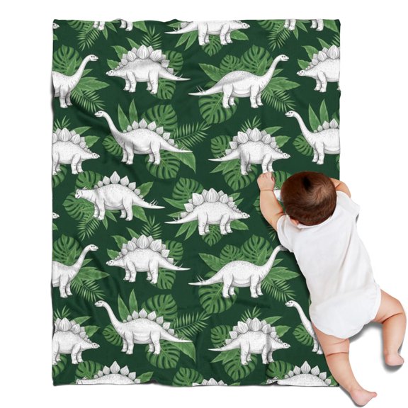 Green Cartoon Dinosaurs Leaves Pattern Blanket,Comfortable Soft Flannel Throw Blanket,All Season,Warm Lightweight Blankets for Sofa Bed Couch Living Room Chair,30"x40"