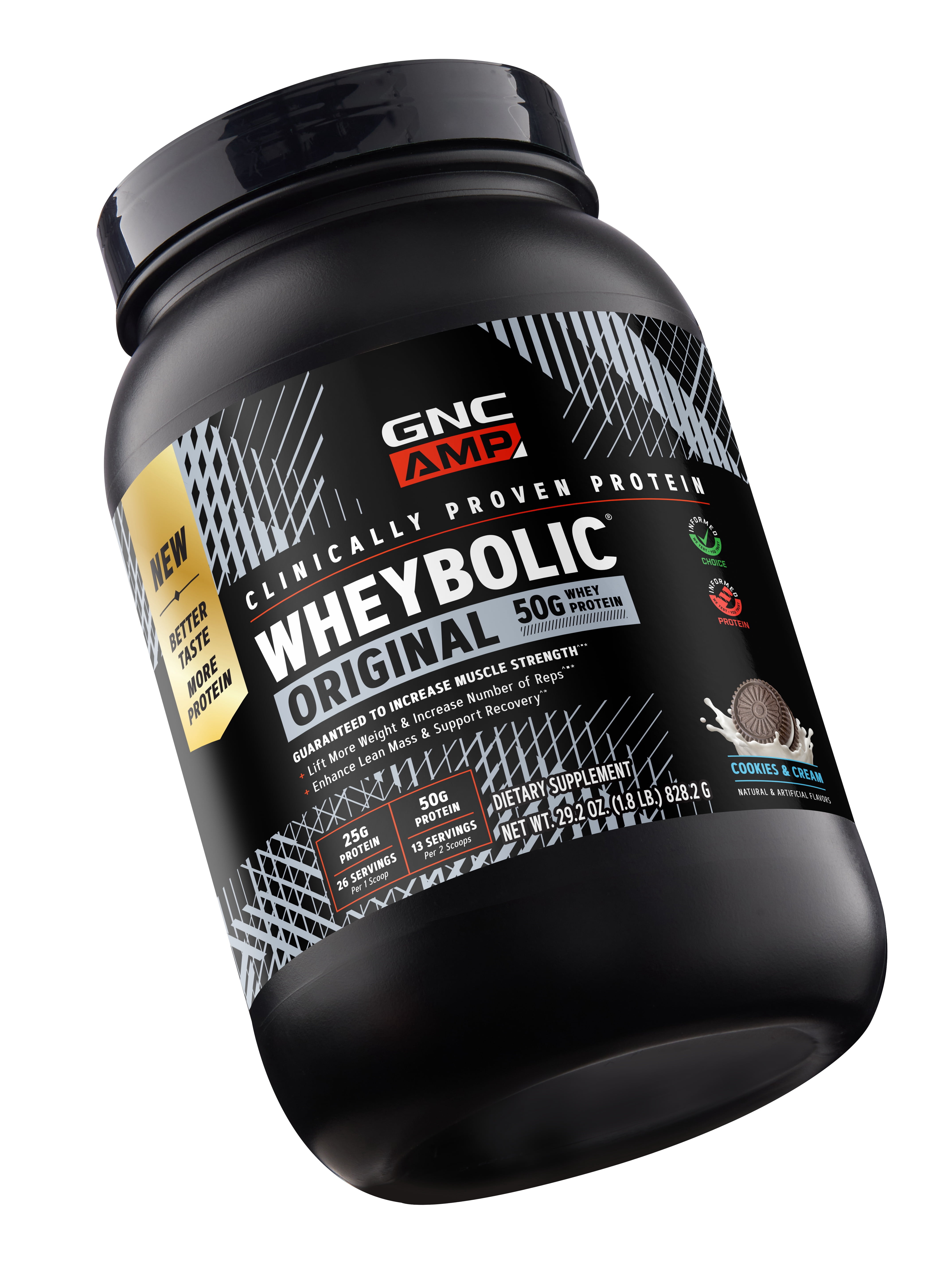 GNC AMP Wheybolic Clinically Proven Protein Powder, 50g Whey Protein, BCAA, Leucine, Increases Muscle Strength, Muscle Building, 3rd Party Tested, Gluten Free, Cookies & Cream 13 Servings