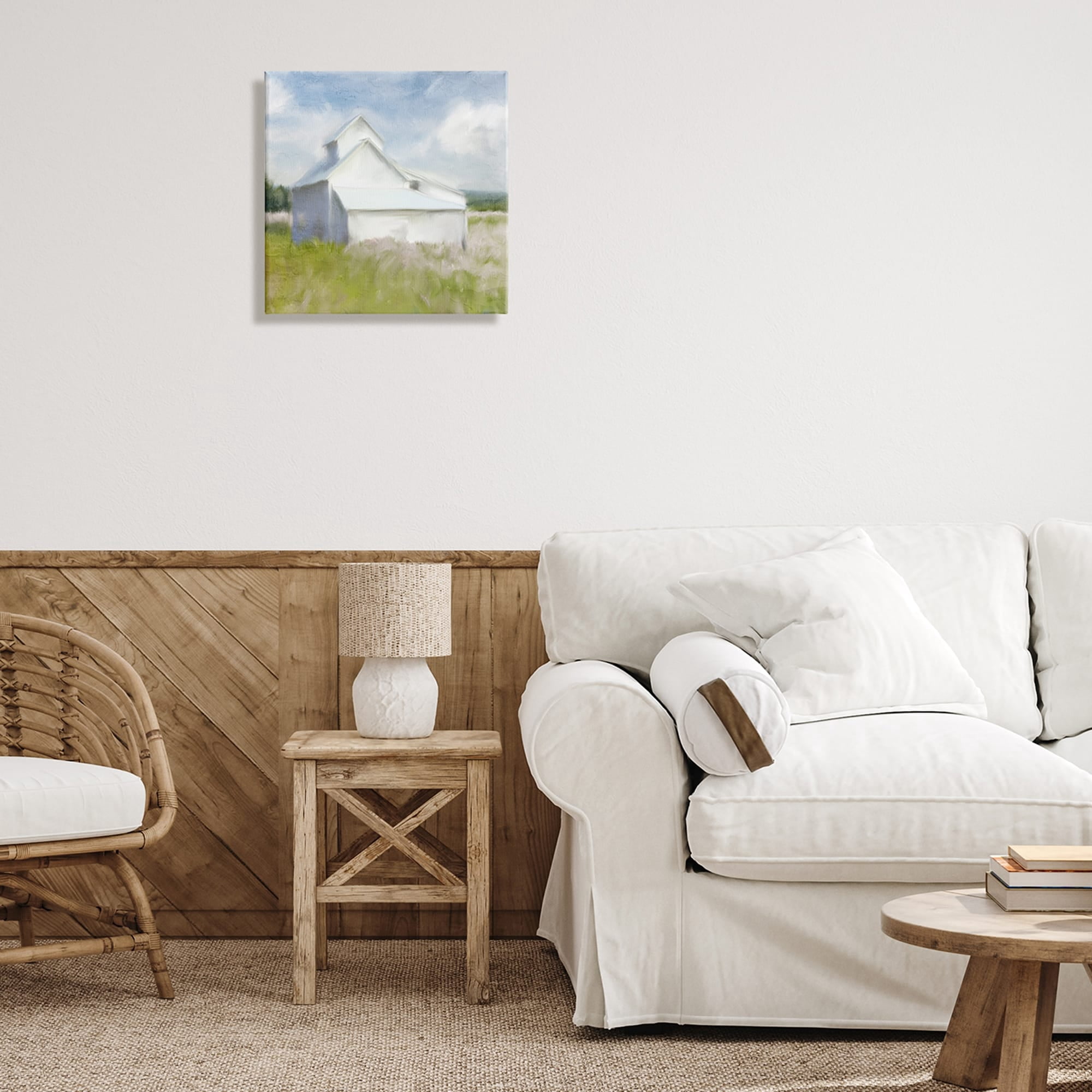 Stupell Industries Beautiful White Farmhouse Cottage Countryside Grassland Farmhouse Painting Gallery-Wrapped Canvas Print Wall Art, 17 x 17, Design by Kim Allen