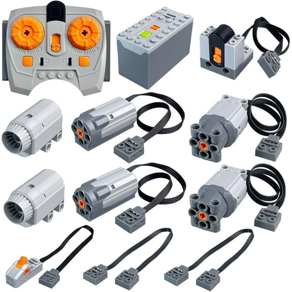 12 in 1 Bricks Motor Set Compatible with Lego Technic Parts，Power Function Kit Includes 2 M Motors, 2 L Motors, 2 Sprayers, Variable Speed Remote and Receiver, AAA Battery Box, Current Switch