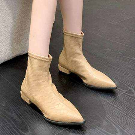 

Fashion Autumn Winter Women Ankle Boots Low Heel Pointed Toe Leather Textured Zipper Comfortable Womens Fold over Boots Tan Booties Women Boots No Heel Women High Heel Boots Womens Cowboy Boots with
