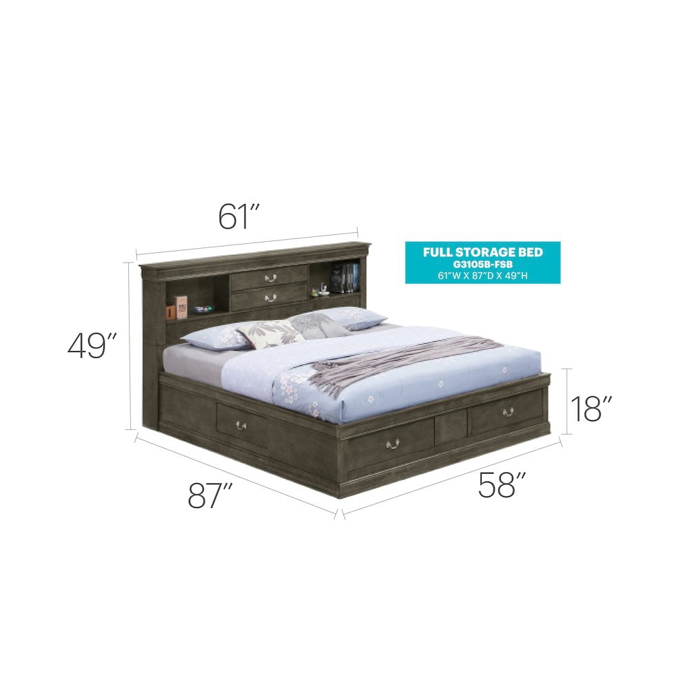 Glory Furniture Louis Phillipe Full Storage Bed in Gray Color
