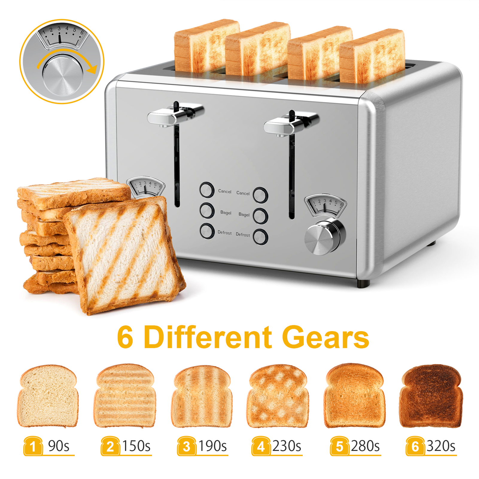 WHALL 4-Slice Toaster, Stainless Steel with Dual Controls photo 2