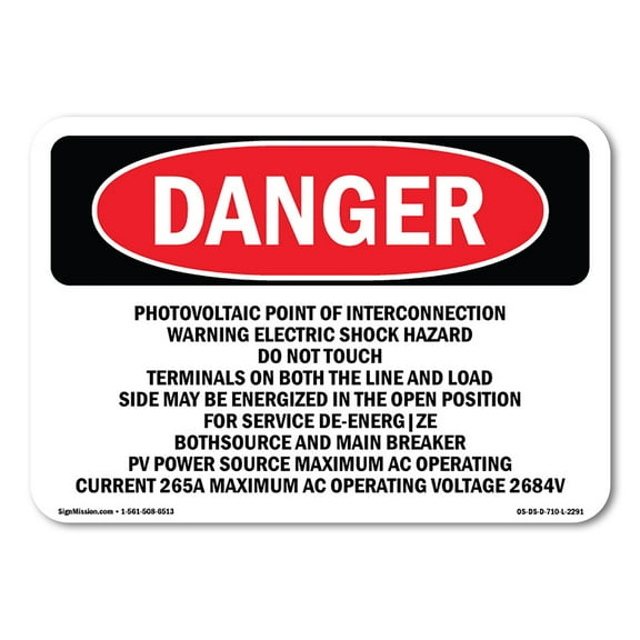 OSHA Danger Sign - Photovoltaic Point Of Interconnection Warning | Decal | Protect Your Business, Construction Site, Shop Area |  Made in The USA