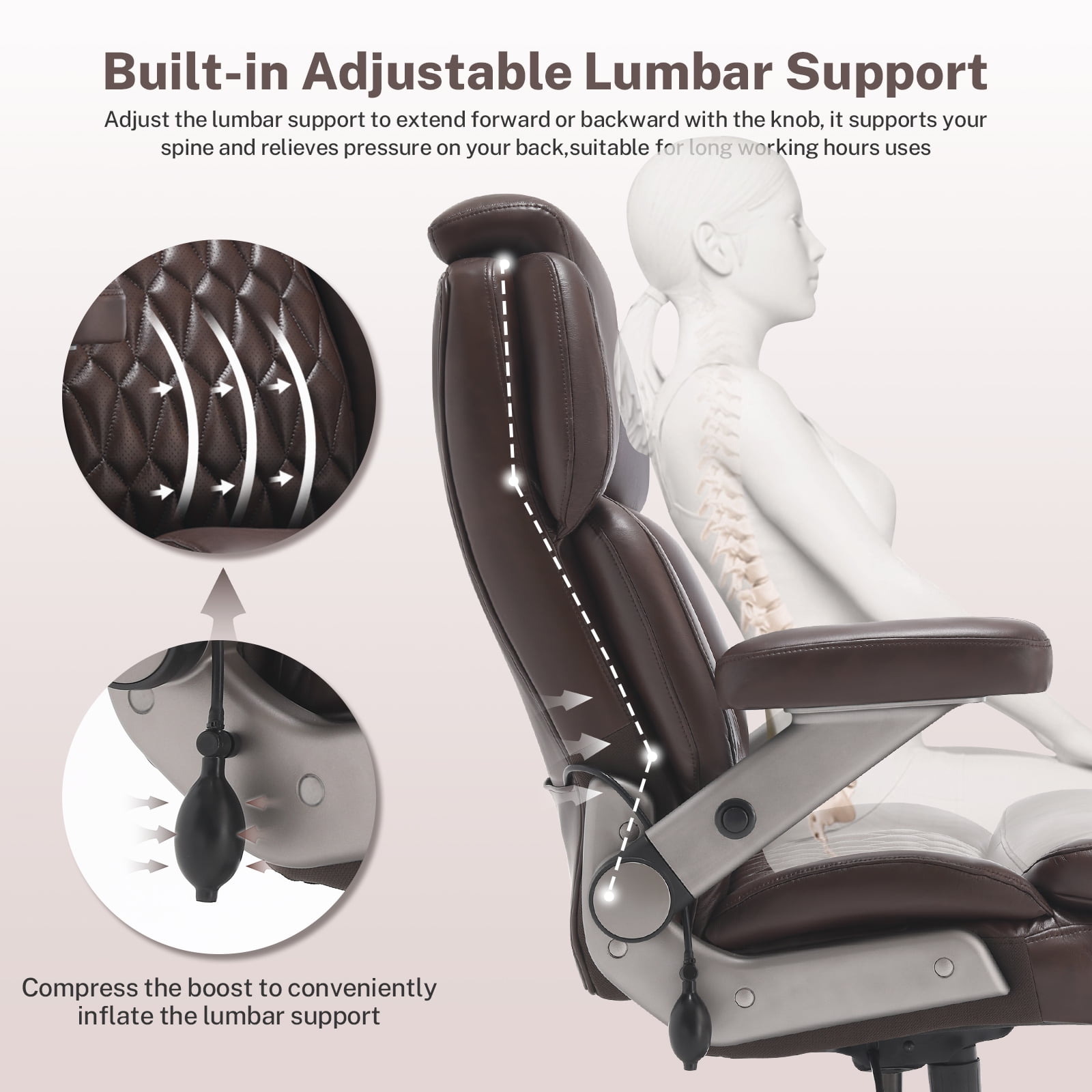 WOSDOM 700lbs Big and Tall Office Chair, Heavy Duty Executive Chair, Extra Wide Seat, Adjustable Headrest and Lumbar Support, 3D Flip up Arms, Brown