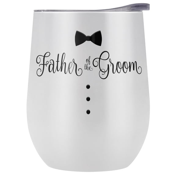 Father of The Groom 12 OZ Stemless Wine Tumbler, Stainless Steel Travel Cup|Lake Tumbler|Insulated with Leak Resistant Slide-Lock Lid, White