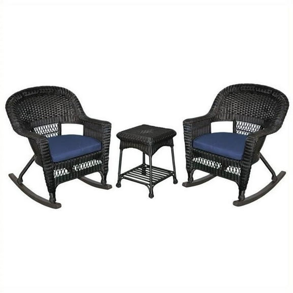 Pemberly Row 3pc Wicker Rocker Chair Set in Black with Blue Cushion