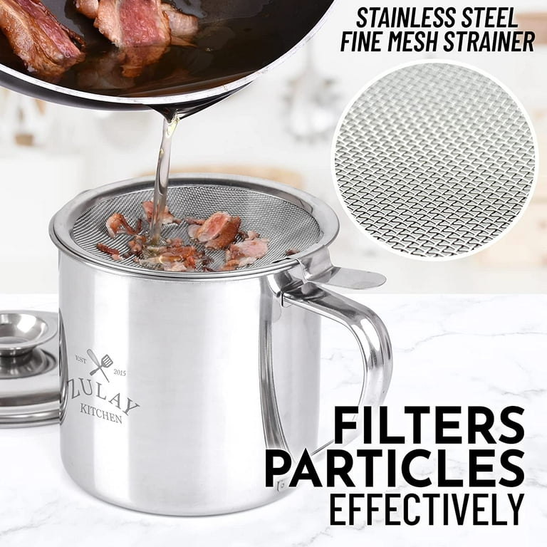 Zulay Kitchen Bacon Grease Container with Strainer 1L Stainless Steel  Cooking Oil Container 