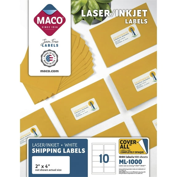 Maco, MACML1000, Laser Printer White Shipping Labels, 1000 / Box, White