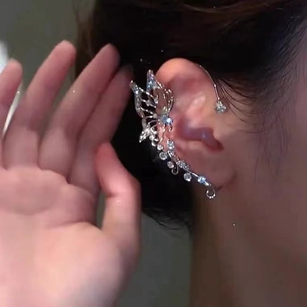Percha para orejas de mariposa, diseño de nicho femenino, versátil, súper hada, percha para orejas de elfo con incrustaciones de diamantes sin clip de hueso para oreja perforada