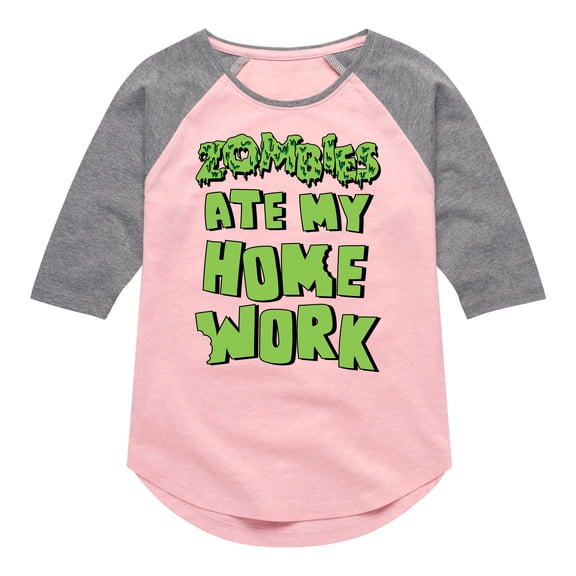 Instant Message - Zombies Ate My Homework  - Toddler & Youth Girls Raglan Graphic T-Shirt