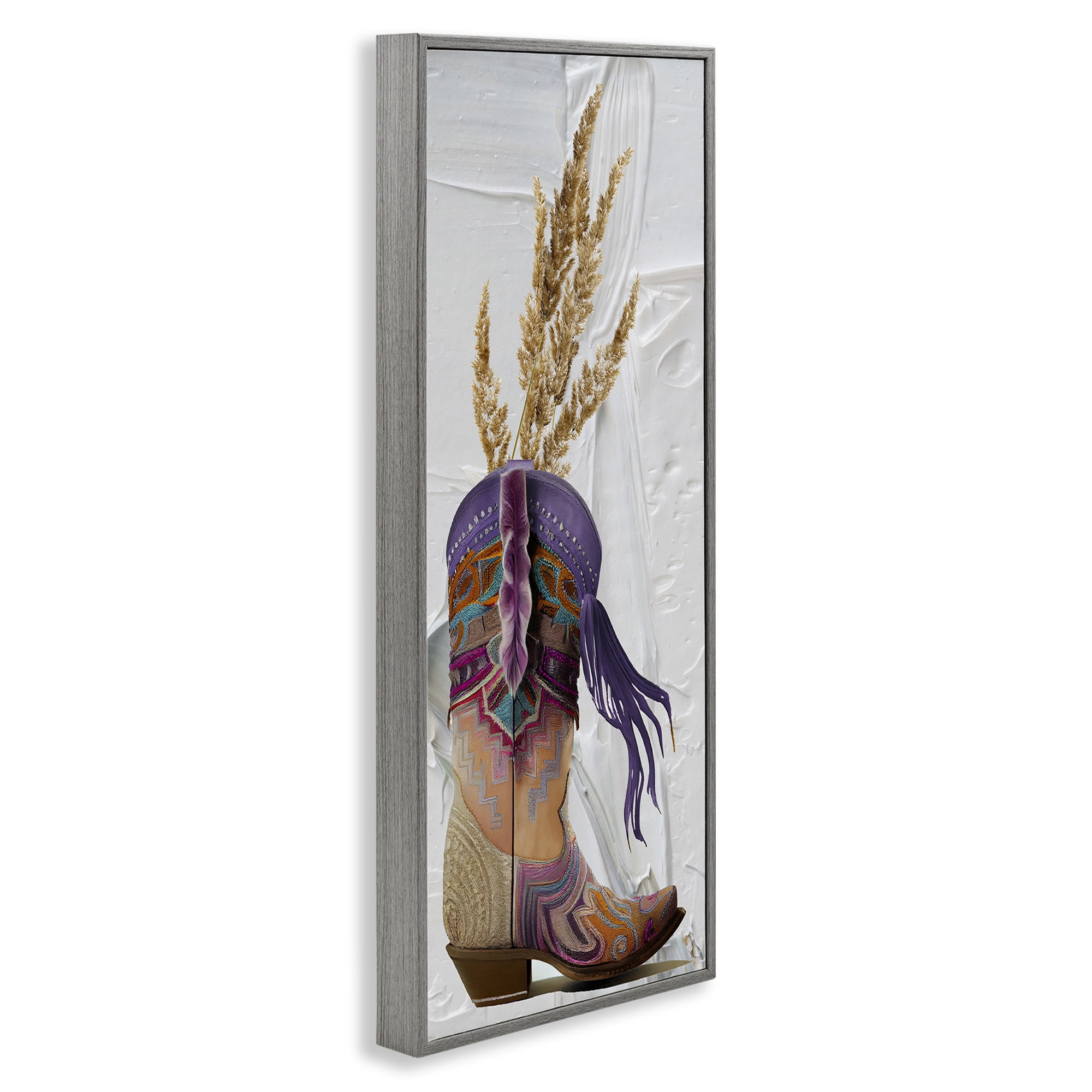 Stupell Industries Cowboy Boot & Wheat Botanical & Floral Painting Gray Framed Art Print Wall Art, 13 x 30