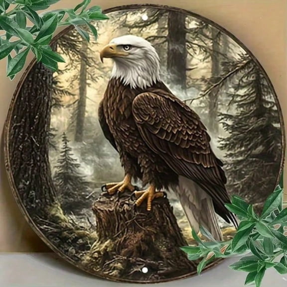 HELLOYOUNG Rustic Metal Wall Art Round Aluminum Bald Eagle Sign, Vintage Home Office Bar Man Cave Decor, 1pc American Flag Patriotic Wall Decor