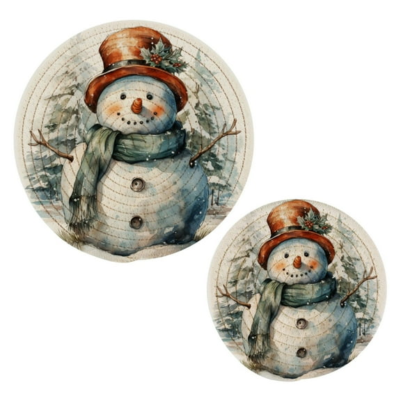 Christmas Snowman and Trees Trivet Mats Pot Holders Cotton Woven Non-Slip Heat Resistant for Hot Pots Pans Pats for Cooking Baking Set of 2