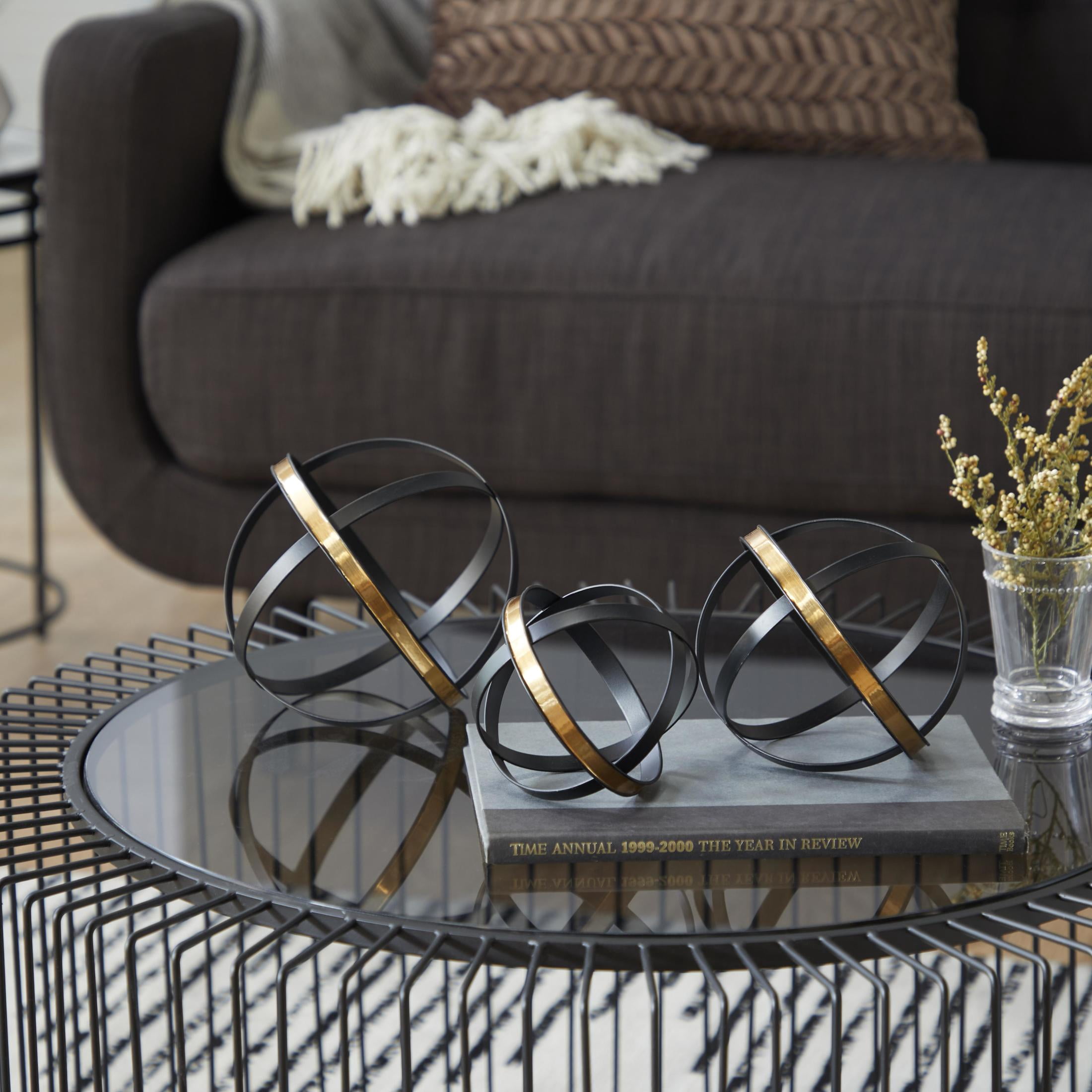 6", 5", 4"H Black Metal Orb Geometric Sculpture with Gold Accents, by DecMode (3 Count)