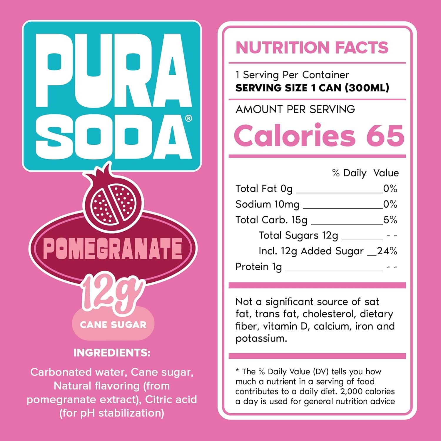 PuraSoda® Pomegranate | Low-Calorie, Cane Sugar Soda Beverage | Non-GMO, Vegan | Made with Pure Cane Sugar, No Preservatives | 10.1 fl oz (300ml) Cans, 24-Pack