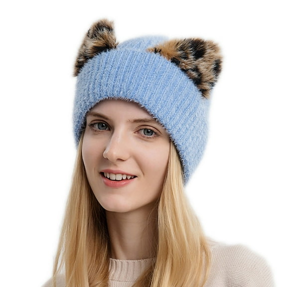 WTXUE Beanie Knit Hat Women's Wool Hat Leopard Print Cat Ear Hat Women's Elastic Knitting Cold Hat Ski Hat Warm Hat Cute Hats Soft Warm Hat Outdoor Hat Blue One Size