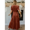 thumbnail image 2 of Women's Chestnut Velvet Short Sleeve Tiered Maxi Dress with V Neck - [ZhiHiMeRi] | (US 12-14)L, 2 of 6