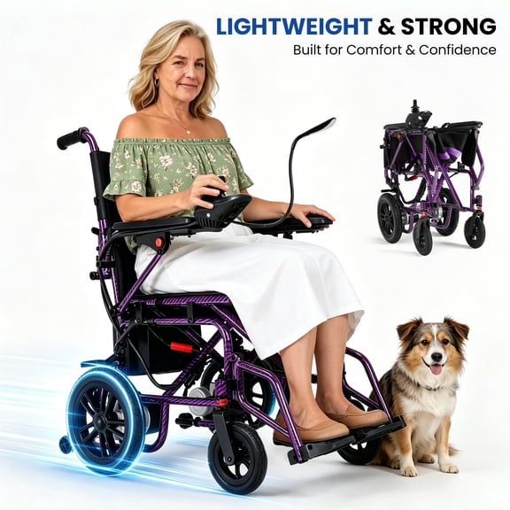 Electric Wheelchairs for Adults,Lightweight Foldable Wheelchair 15 Miles Long Travel Range, 360° Joystick Control Motorized Wheelchair, Support 286 lbs with LED Light Power Wheelchair (Purple)