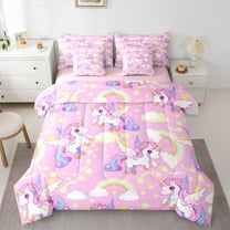 Manfei Lovely Unicorn 7-Piece Twin Bedding Sets,Cartoon Animal Bedding Comforter Set,Kawaii Colorful Rainbow Sheet Sets For Girls,Ultra Soft Home Decor Reversible