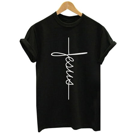 Fancyleo Summer T-Shirt Jesus T-shirt Christian Shirt Jesus Shirt Vertical Cross Religious Shirt