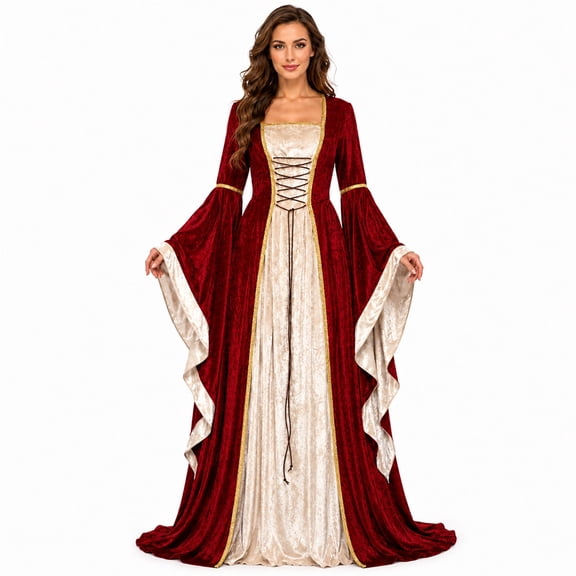 Domzest Renaissance Costume Women Long Bell Sleeve Lace-Up Medieval Dress Floor Length Gothic Princess Dresses Halloween Costumes