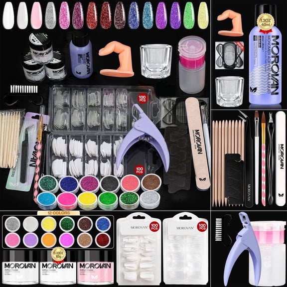 Morovan Acrylic Nail Kit with 12 Colors Glitter Powder, Reusable Fake Nails Full Set for DIY Nail Art at Home