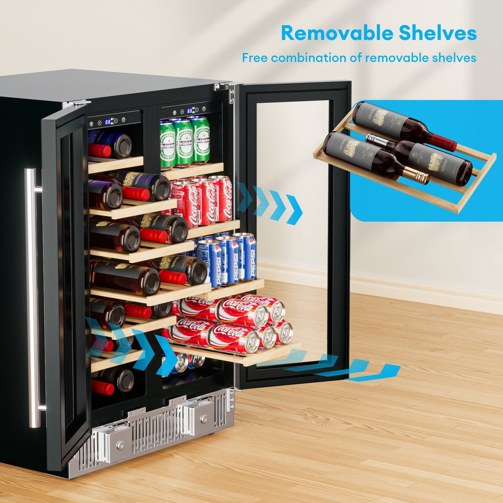 DISHUP Wine Cooler Beverage Fridge, 24 Inch Dual Zone Wine Fridge with Glass Door&Lock, Built-in or Freestanding Beverage Cooler