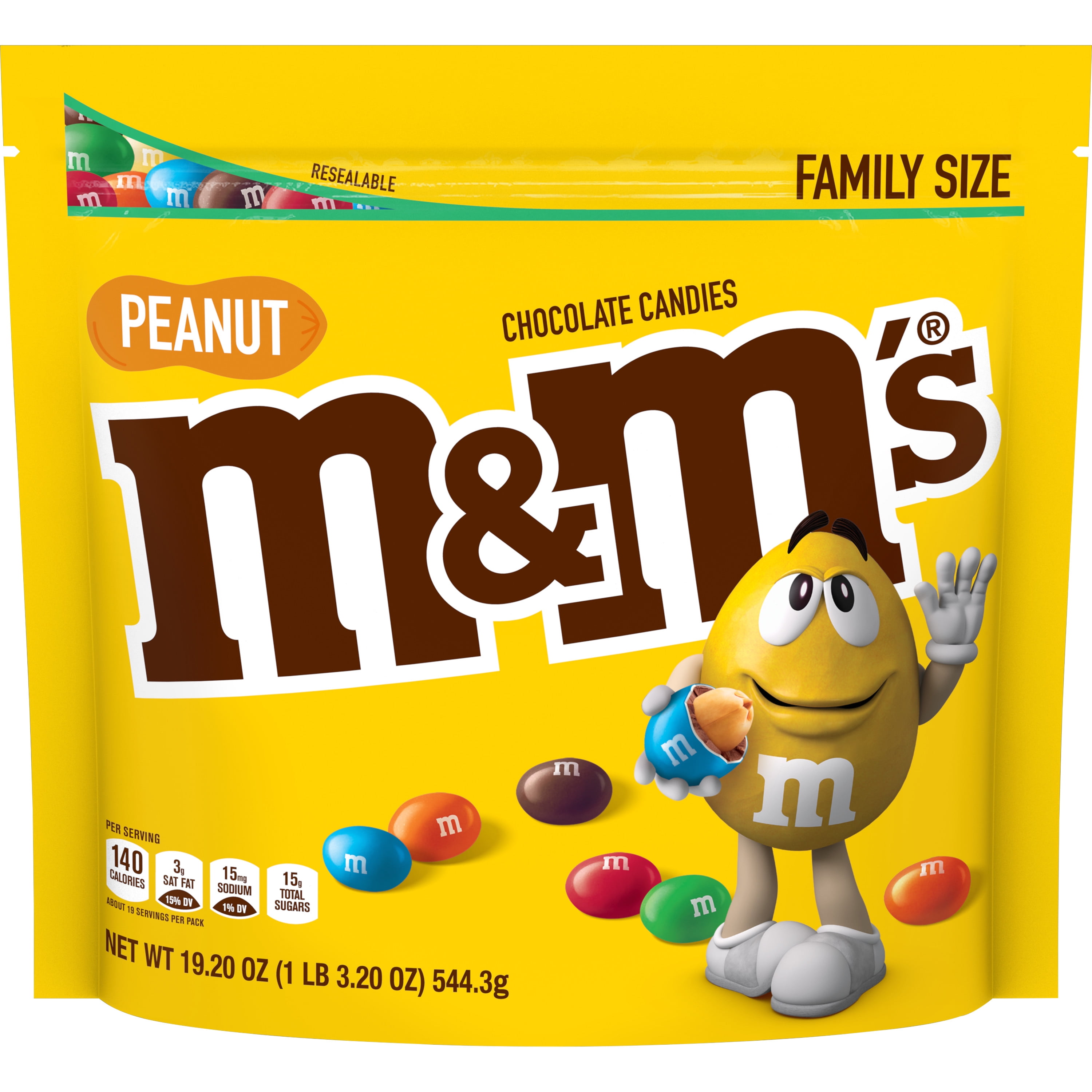 M&M'S Peanut Milk Chocolate Candy, 19.2 Oz Resealable Bag, Family Size