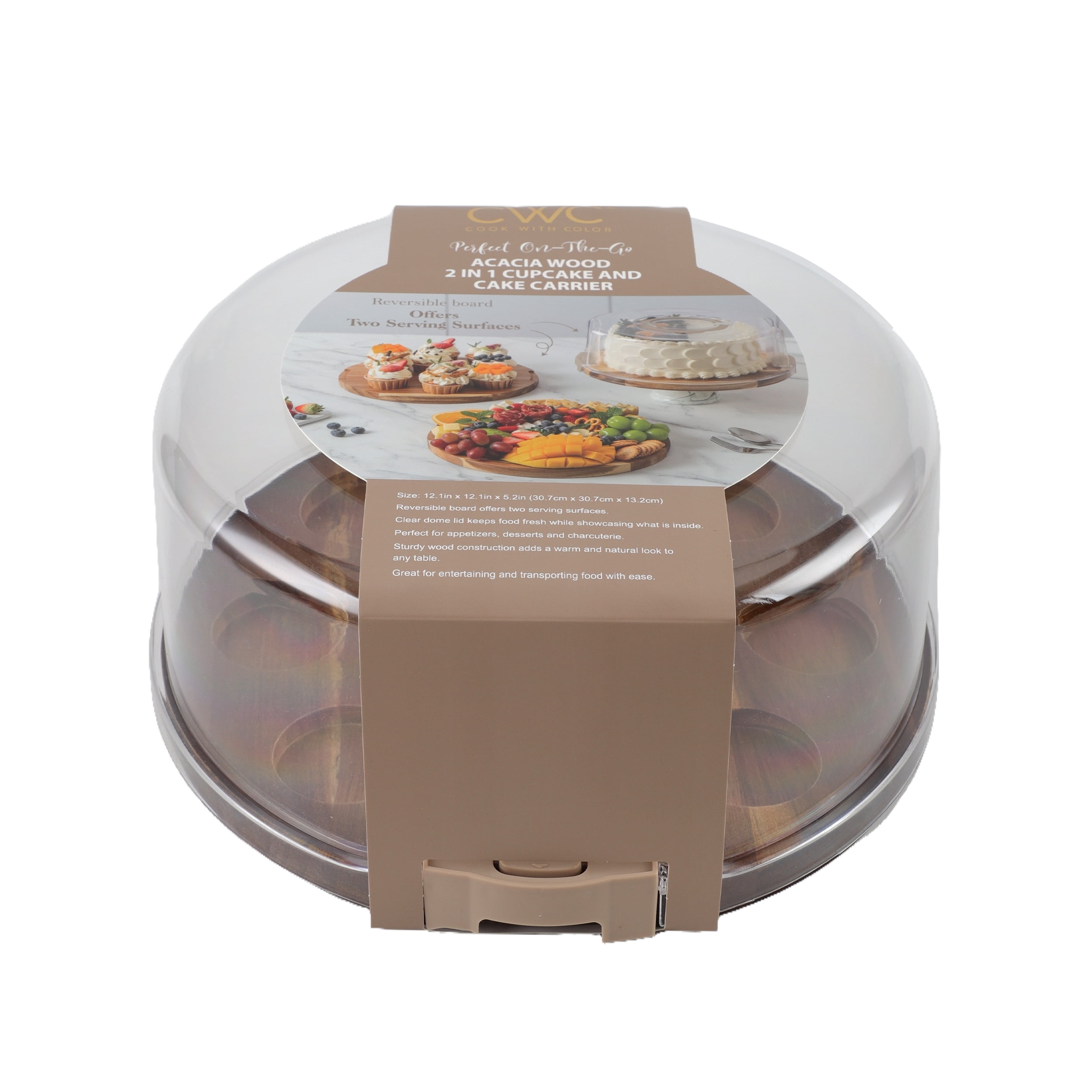 Cook with Color Acacia Wood Cake and Cupcake Carrier with Reversible Tray and Locking Lid, Round, Ideal Use for Entertaining and Party Transportation