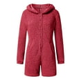 thumbnail image 4 of LMOIPLI Women's Plush Warm Romper Hooded Pajamas Soft Zipper Overalls Shorts Plain Color Sherpa Fuzzy Fashion Summer Clothes Fleece Plush Vintage Plush Warm Romper Red XL, 4 of 5