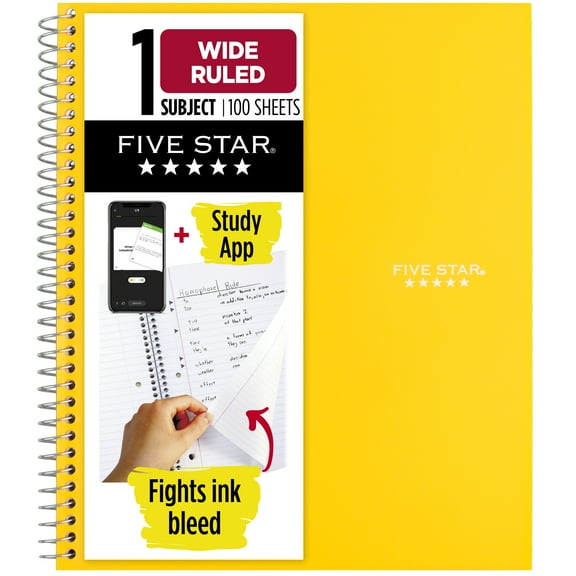 Five Star 1 Subject Wide Ruled Notebook Plus Study App, 8" x 10.5", Harvest Yellow, Poly, Spiral, 100 Sheets