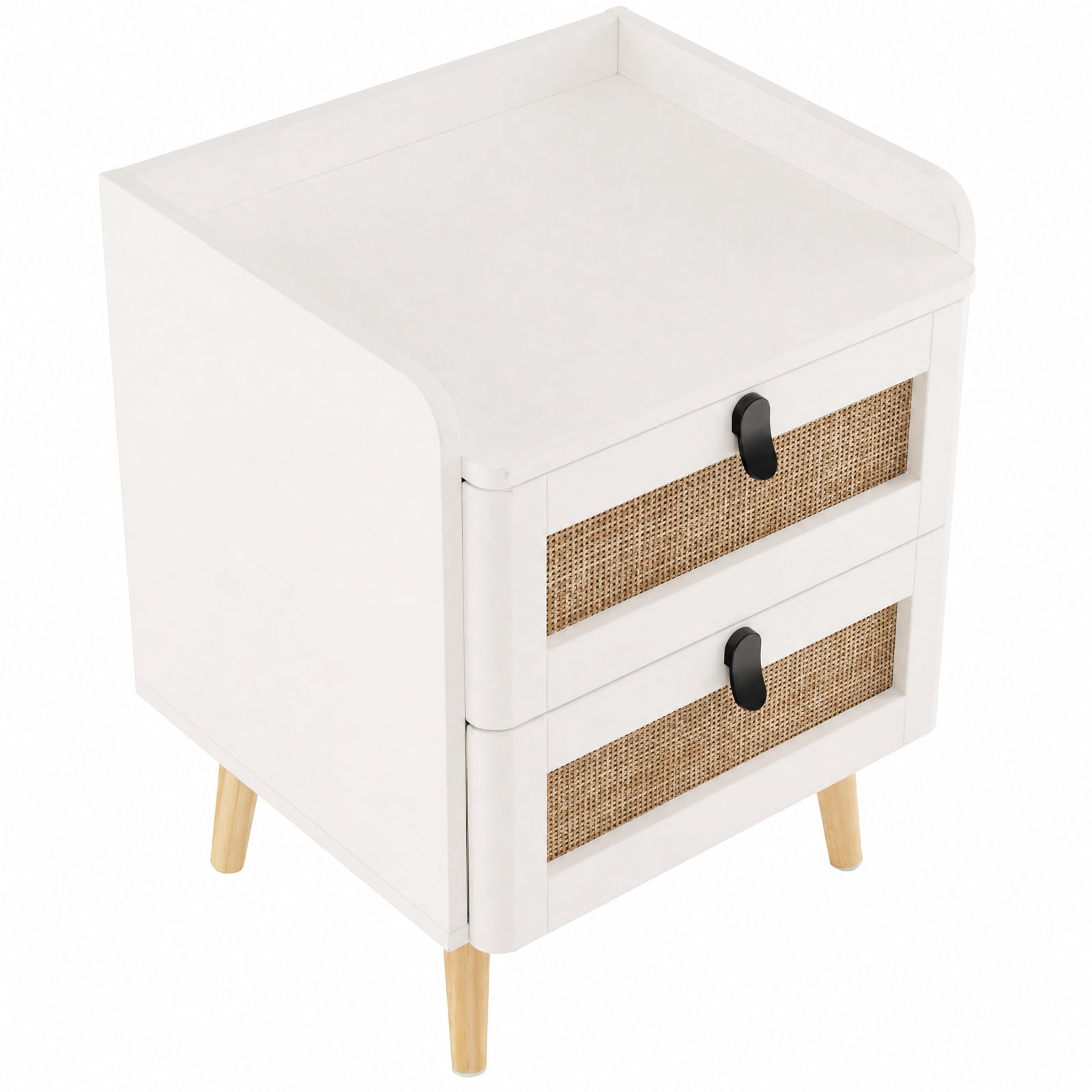 Furnibear Modern End Table Bedside Table with 2 Rattan Decorated Drawers for Bedroom Living Room Bedside Sofa Side Small Space, White