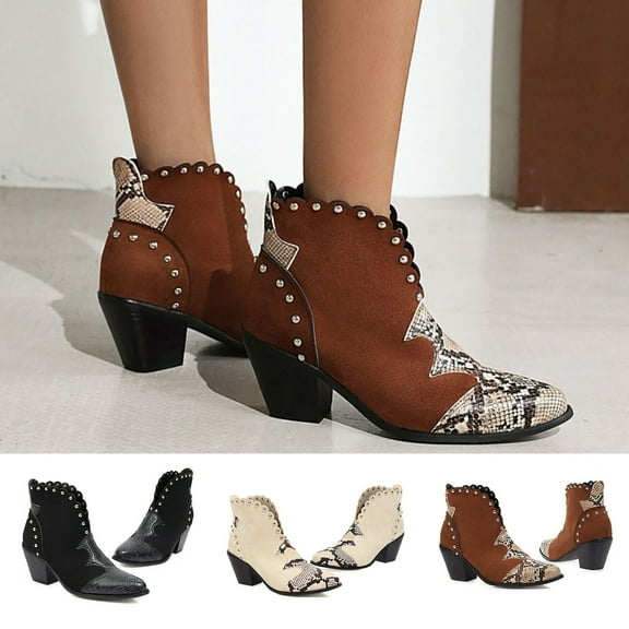 Dakaela Ankle Boots for Women V Cut Retro Western Slip on Short Booties Chunky Heel Wedding Party Goth Dress Shoes Black 6