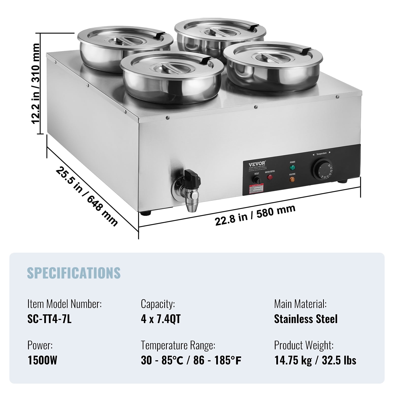 VEVOR Electric Soup Warmer, Four 7.4QT Stainless Steel Round Pot, 1500W Commercial Food Warmer, 86~185°F Adjustable Temp, Bain Marie with Anti-Dry Burn and Reset Button, for Restaurant, Buffet