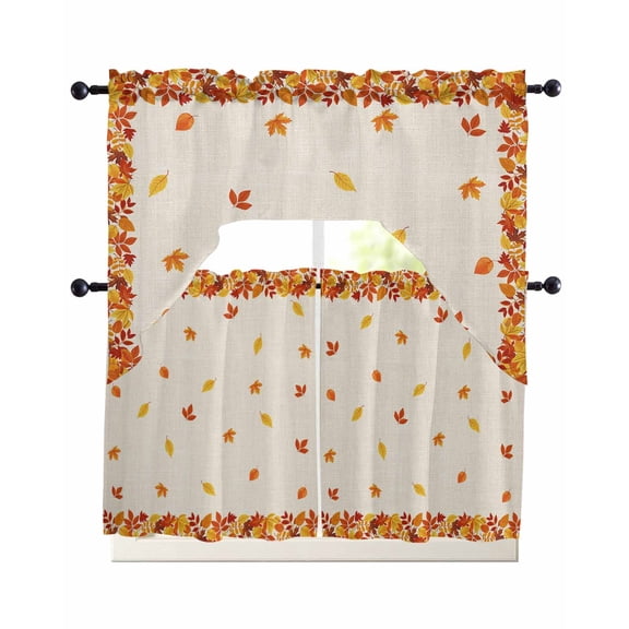 Fall Kitchen Curtains Set for Windows 3 Piece Cafe Curtains 36 Inch Length Swag Curtains Valances and Tier Set Thanksgiving Autumn Farmhouse Maple Leaves on Linen Drapes for Bedroom Bathroom