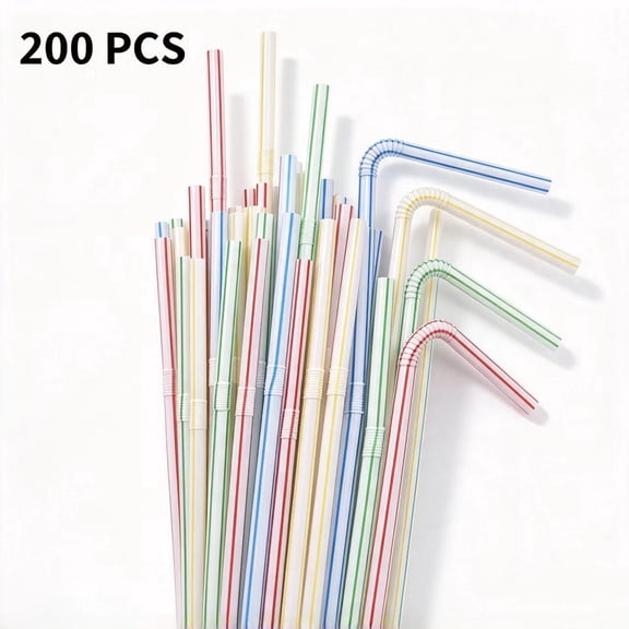 Vruelia 200-Pcs Flexible Drinking Straws Plastic Disposable Bendy Striped Straws - 8.2" High-Multicolor