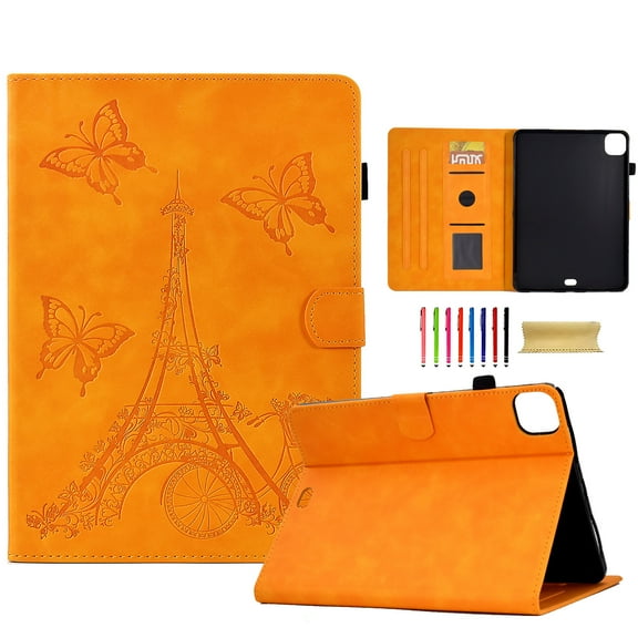 Allytechgroup iPad Pro 11 2024 M4 Case Cover, Eiffel Tower Butterfly Embossed Stylish Bumper Auto Sleep Wake Protective Kickstand Slim Fit Pencil Holder Case for Apple iPad 11 Inch Pro 2024, Khaki
