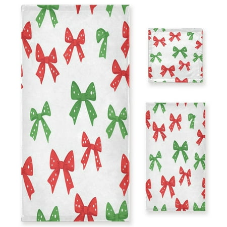 3 Piece Bath Towels Set Bath Towel, Hand Towel and Face Towel for Bathroom, Gym, Hotel Red and Green Bows