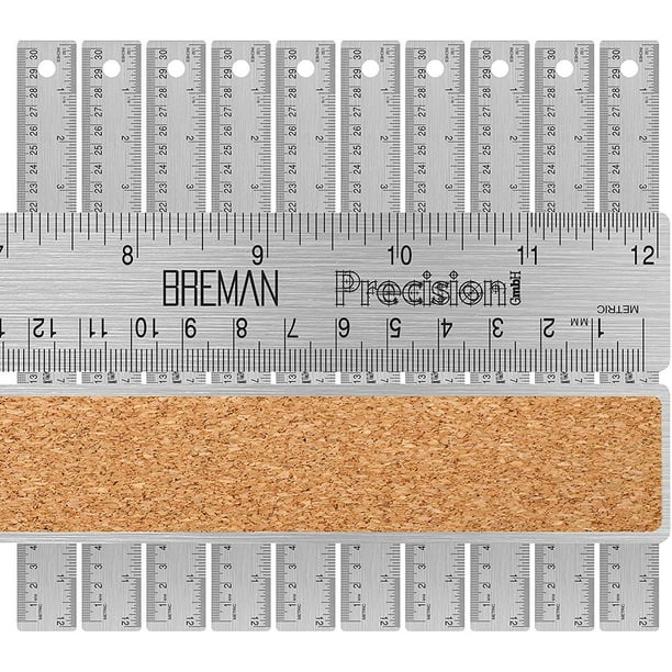 Breman Precision Metal Rulers 12 Inch Stainless Steel Corked Backed