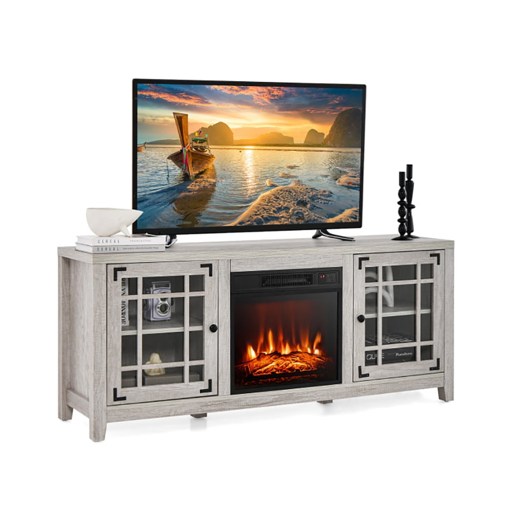 Finihen TV Stand, TV Cabinet, 58 Inch Fireplace TV Stand with Adjustable Shelves for TVs up to 65 Inch, Media Entertainment Center with Storage, for Living Room, Bedroom, Natural