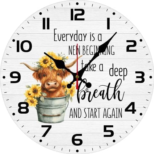 Inspirational Wall Clock - Every Day is a New Beginning - Highland Cow Gifts for Women Friends Daughter Sister, Motivational Decorations for Home Kitchen Bathroom, Silent Clock 12x12x12 inch
