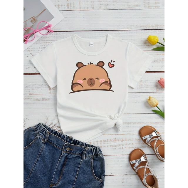 Girls' Capybara Printed Pattern T-shirt, Crew Neck Short Sleeve Casual Soft Tops, for Outdoor Activities