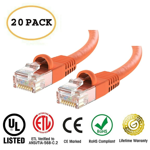 Huetron™ 20-Pack Cat 6 Ethernet Cable Cat6 Snagless Patch 0.5 Feet - Computer LAN Network Cord, ORANGE
