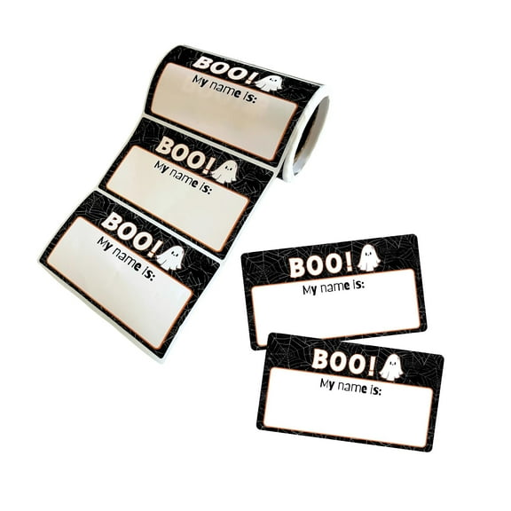 Boo My Name is Halloween Name Tags 100 pcs/Roll 2x3.5 Black with Spiderwebs and Ghosts Orange Party Hello Classroom Border Labels Gift Sticker Office 1 Design